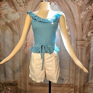 Vintage 1960s Romper Blue White Striped Ruffle Peplum Cotton Shorts Sunsuit 60s